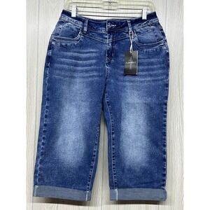 Womens Denim Capri Jeans Blue High Waist Cuffed Cropped Pants